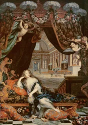 Retrato de Madame de Montespan (1640-1707) reclinada frente a la galería del Chateau de Clagny